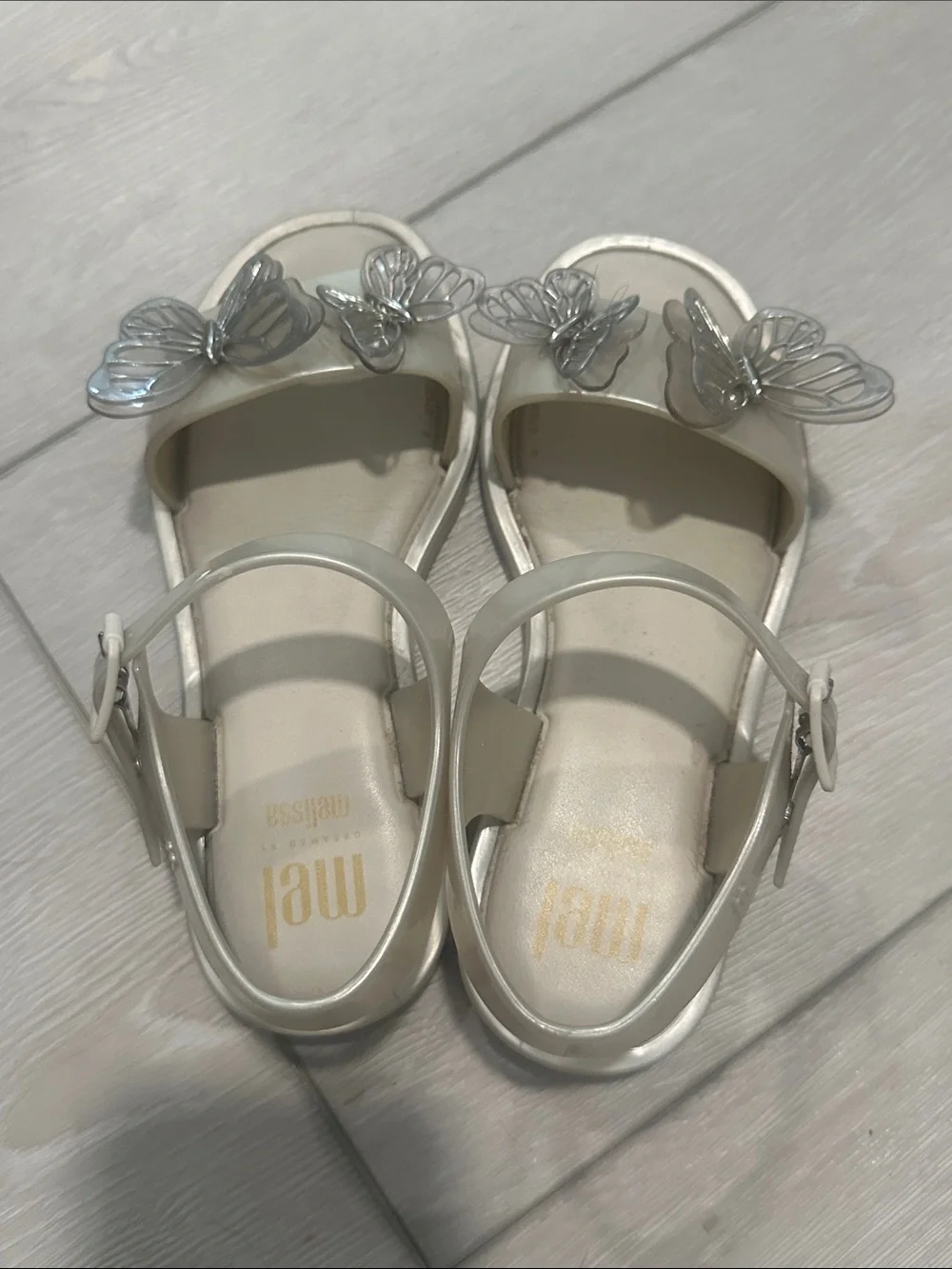 Mini Melissa Cream Girls Butterfly Sandals with Metallic Detail